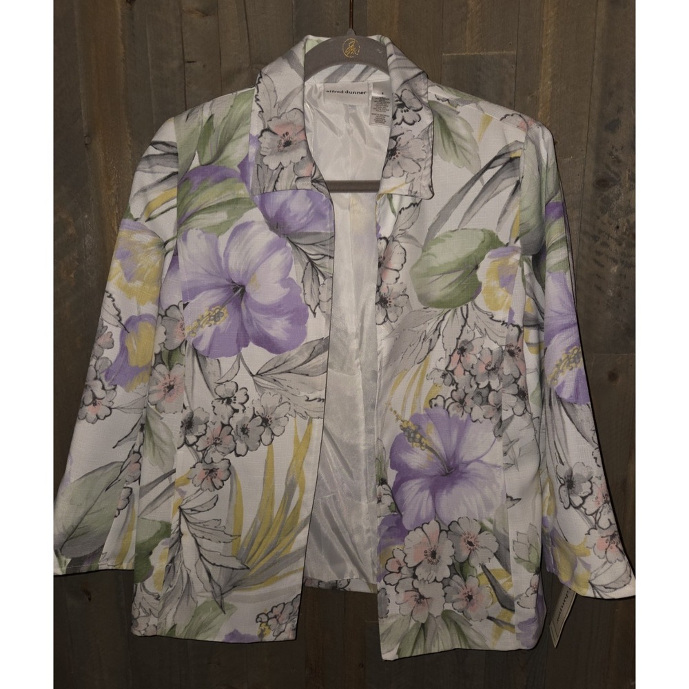 ALFRED DUNNER Floral Blazer Women's 8 Lavender & White Lined 3/4 Sleeve New NWT